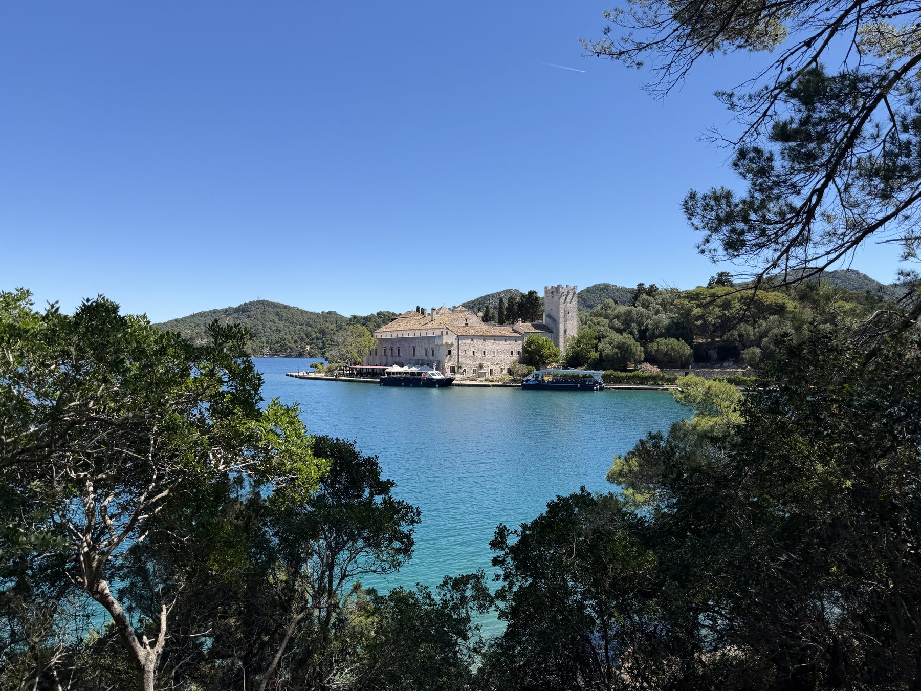 The island monastery on Mljet's saltwater lake, ringed by forest