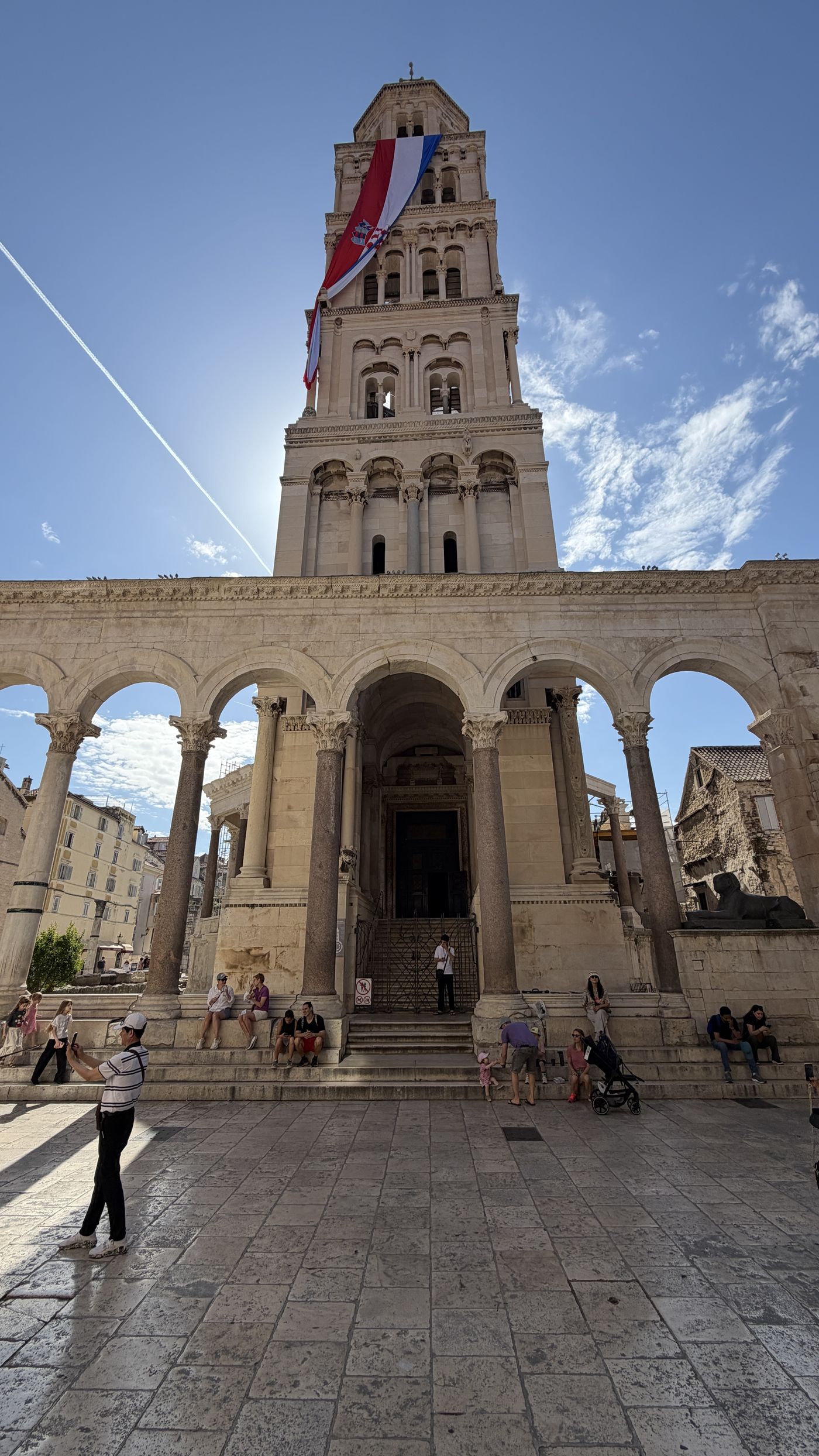 The bell tower of Diocletian's Palace rising above the old town of Split, Croatia