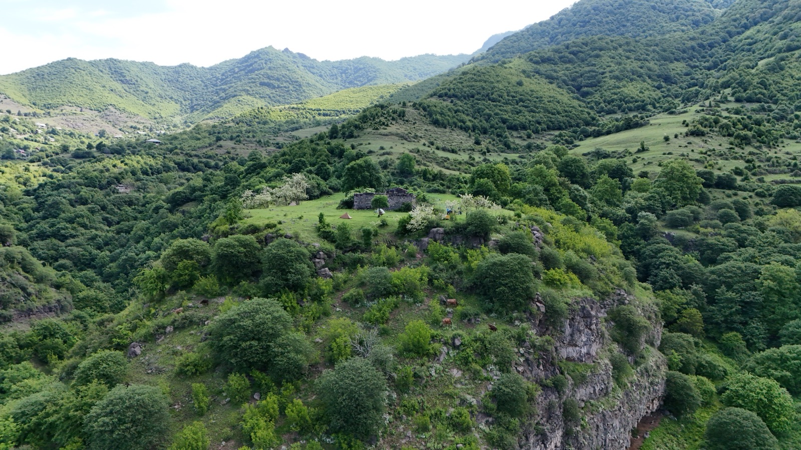 Drone view over green Armenian hills