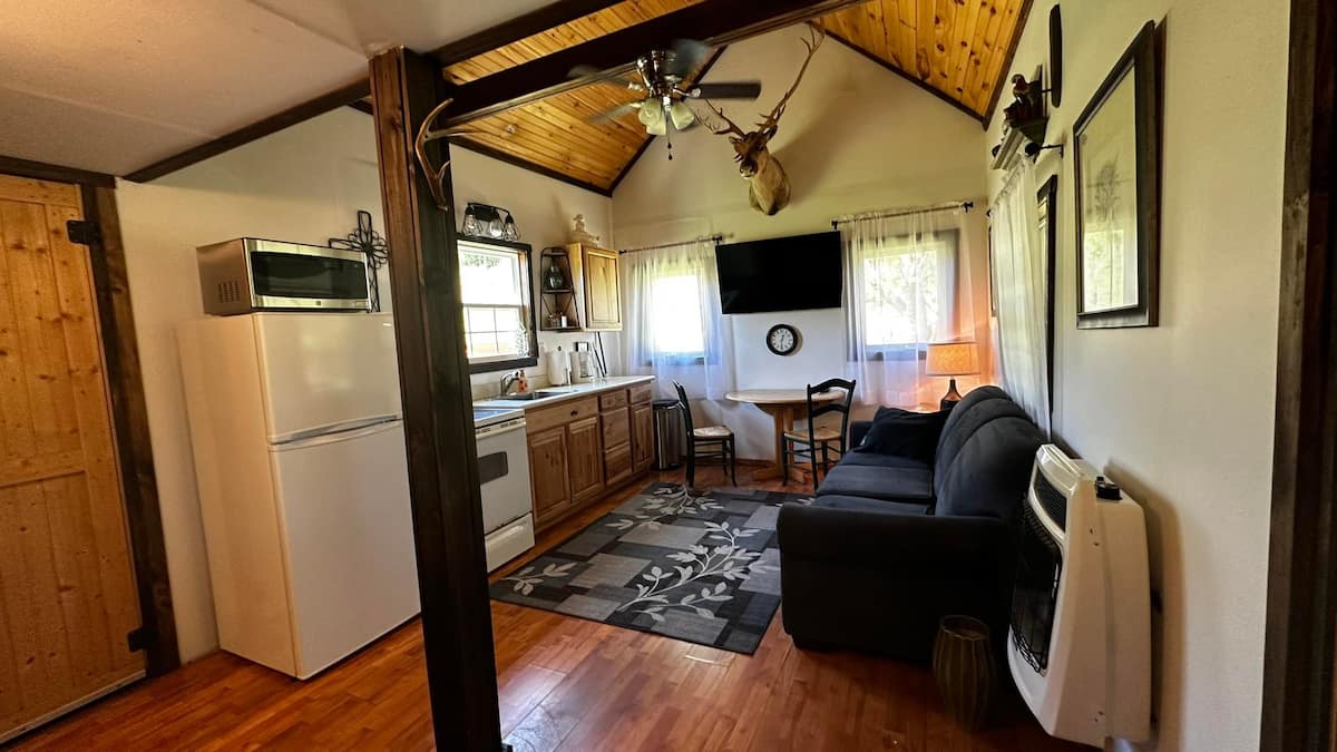 Inside Apple Tree Cabin: the kitchen, living area, and dining table under a pine ceiling